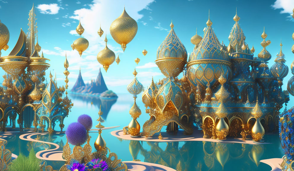 Ornate golden-blue buildings and floating orbs in serene landscape