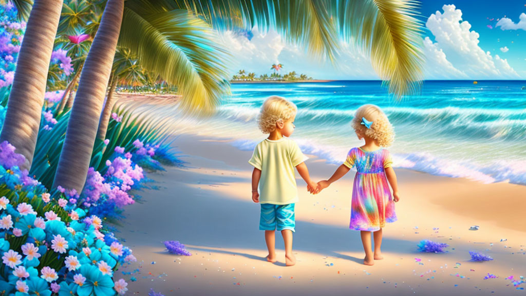 Young children holding hands on tropical beach with palm trees and flowers.