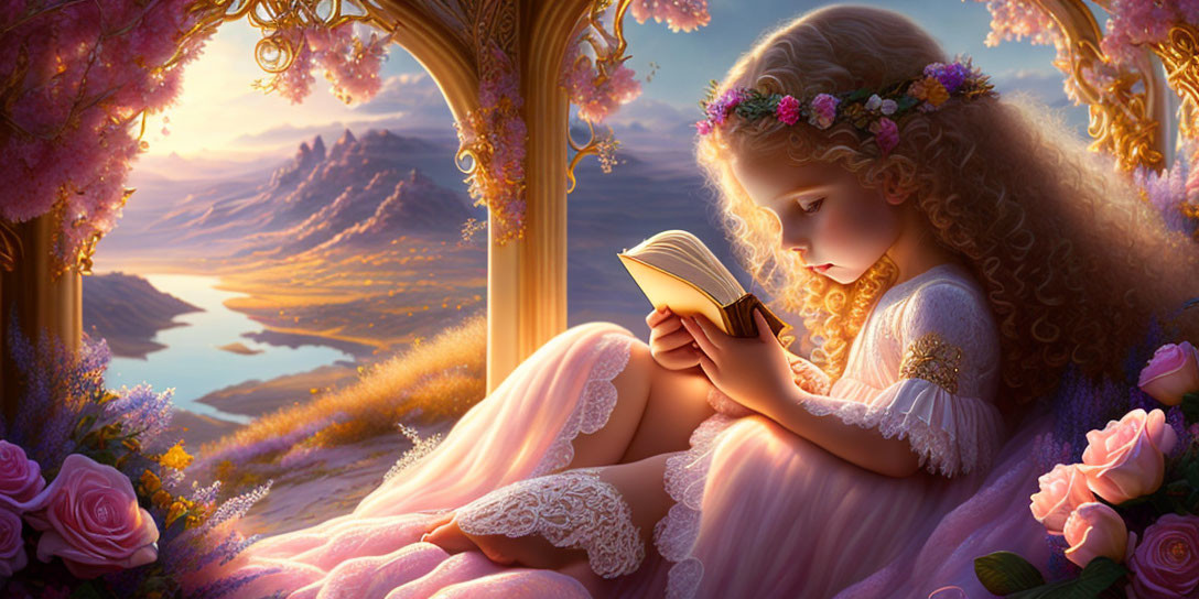 Young girl reading book in serene fantasy setting with golden light and lush flora.