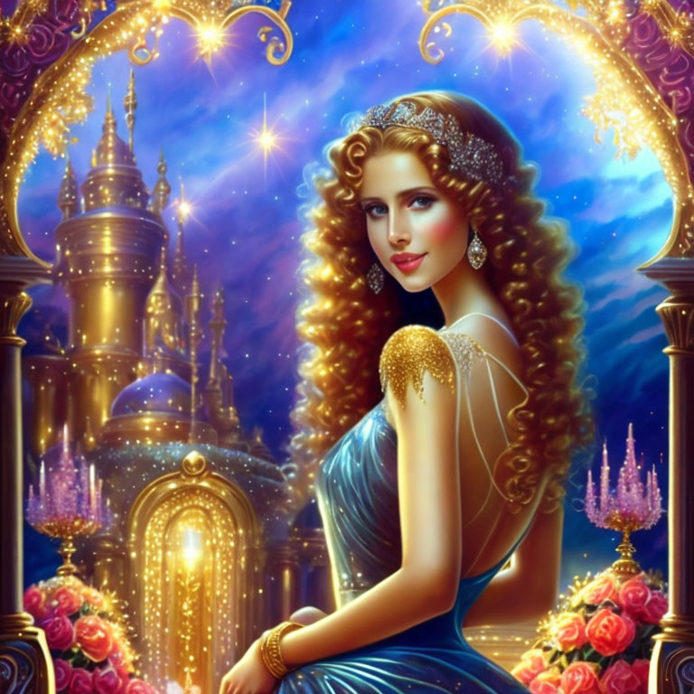 Fantasy-themed portrait of a woman in a blue gown with a tiara, roses, and candle