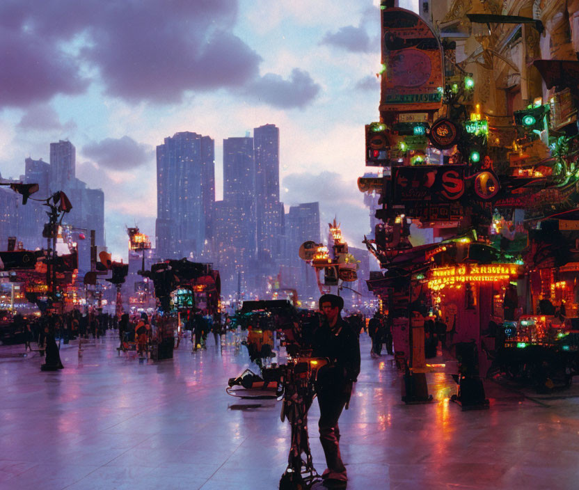 Vibrant twilight cityscape with neon lights and tall buildings.