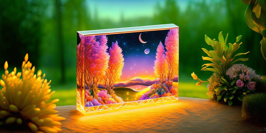 Serene landscape 3D art with trees, lake, and celestial bodies surrounded by flowers