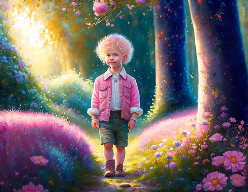 Curly-Haired Child in Vibrant Whimsical Forest