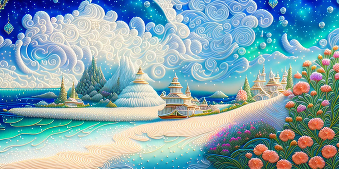 Fantastical winter landscape with ornate buildings and swirling clouds