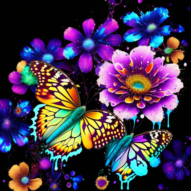 Vibrant butterflies on vivid flowers in neon paint on black background