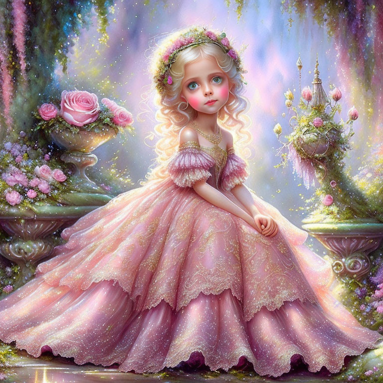 Digital artwork: Young girl with blue eyes, blonde hair, pink gown in magical garden.