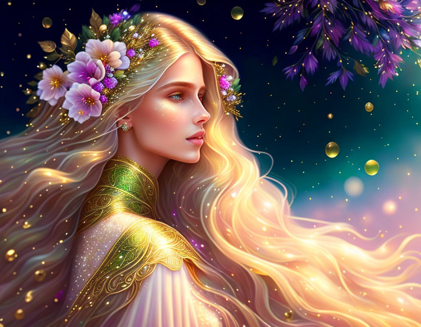 Fantastical portrait of woman with golden hair and shoulder piece under enchanted sky