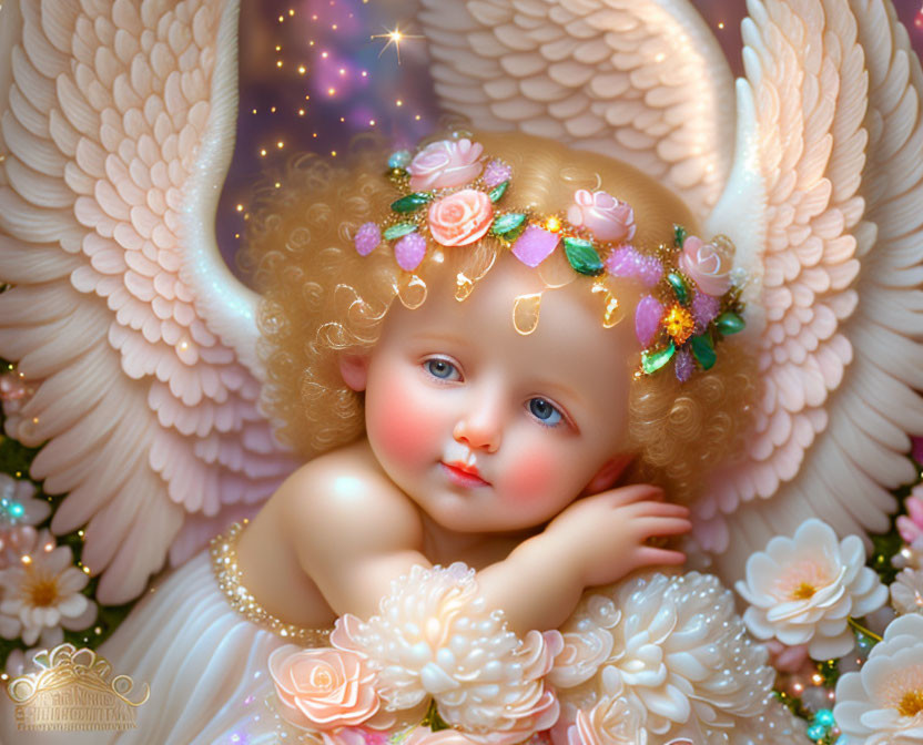 Cherubic angel illustration with golden curls and floral crown