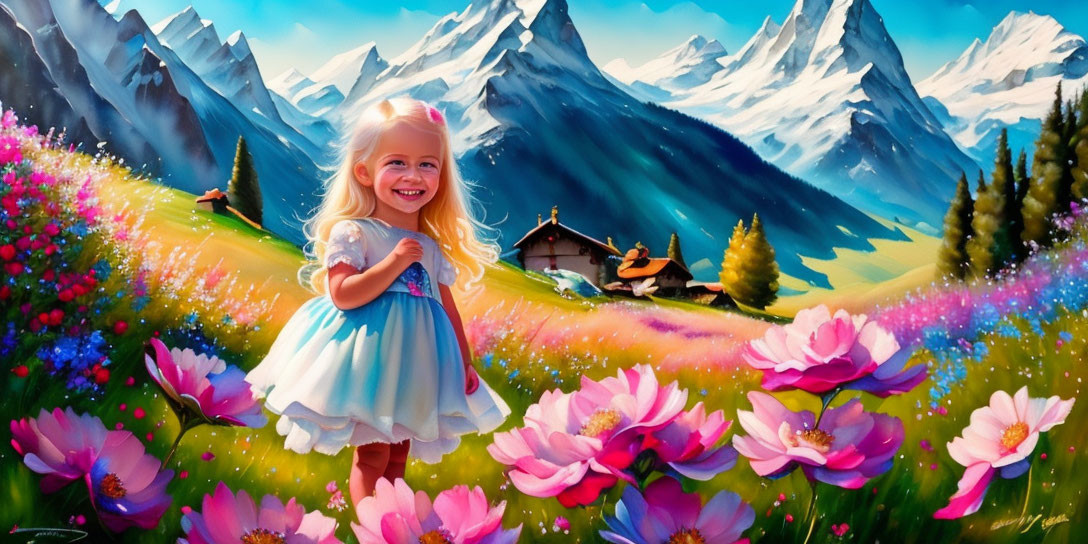 Young girl in white dress among vibrant flower field and snowy mountains.