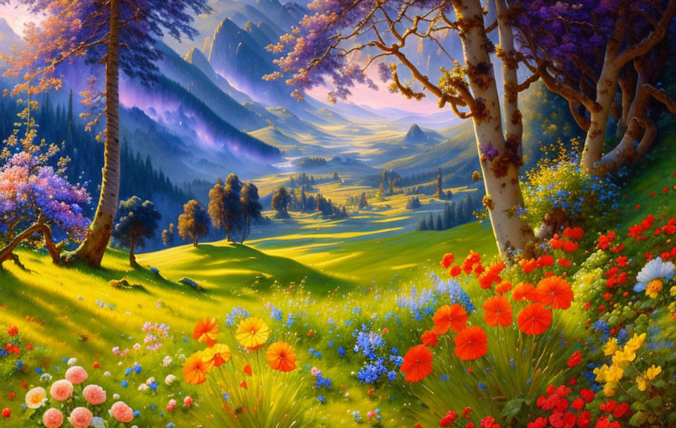 Colorful Landscape Painting: Meadows, Blooms, Trees & Mountains