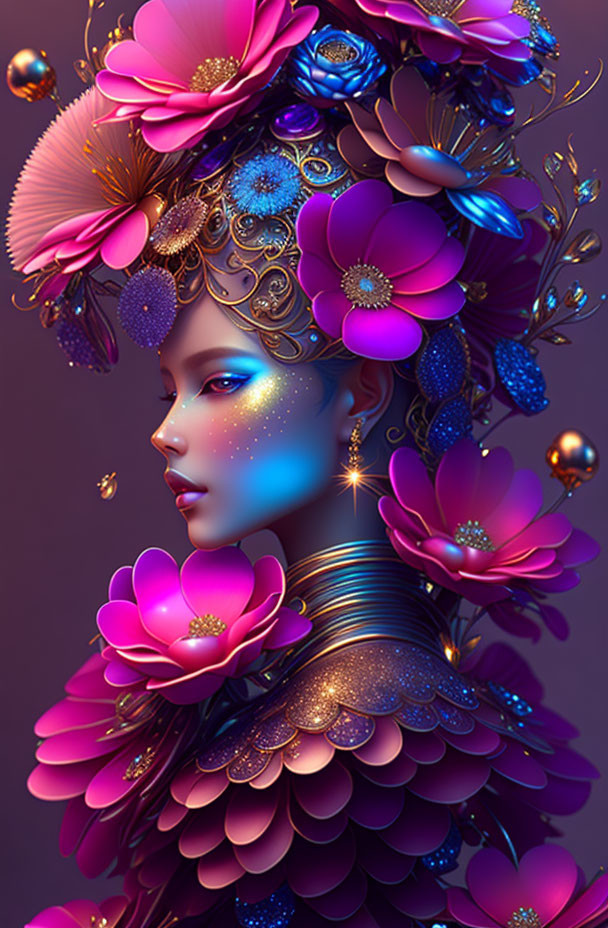 Vibrant floral-themed digital portrait of a woman on purple background