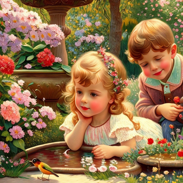 Children near bird bath in vibrant garden scene