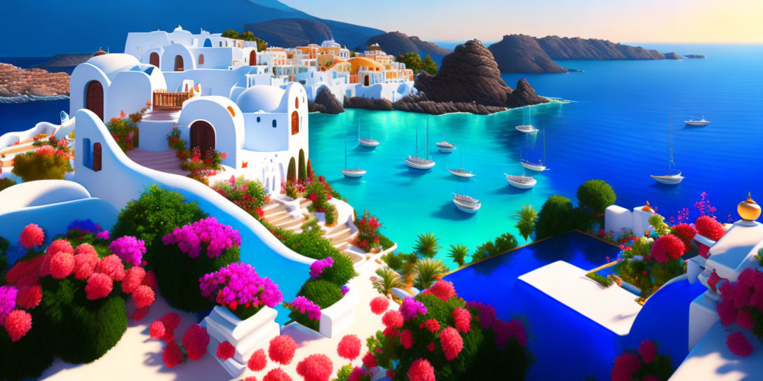 Coastal scene with white-washed buildings, pink flowers, boats, azure waters, blue sky