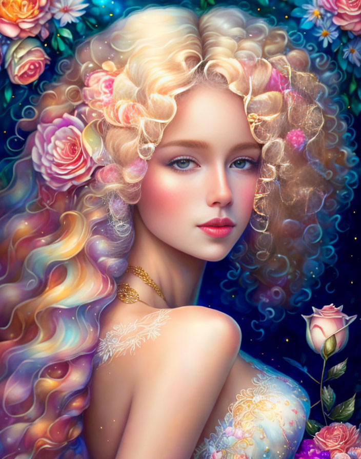 Golden-haired woman surrounded by roses in surreal cosmic setting