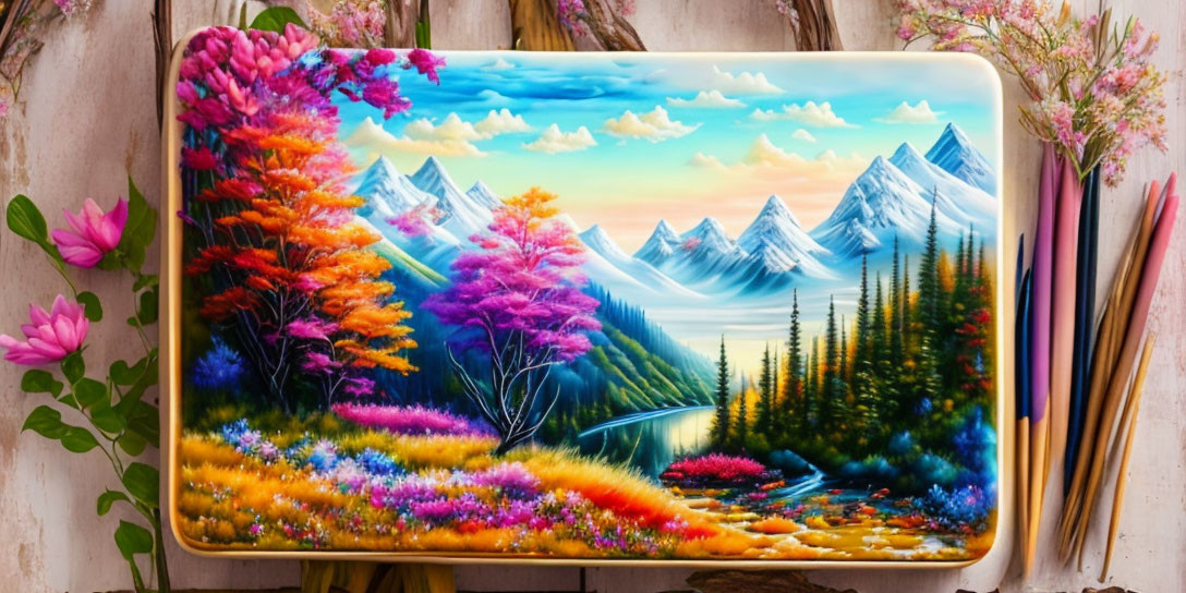 Colorful Landscape Painted Tray on Rustic Background