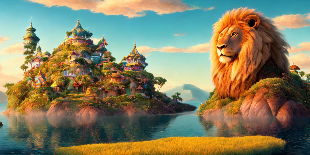 Majestic lion resting by serene waterway with fantastical island and ornate buildings