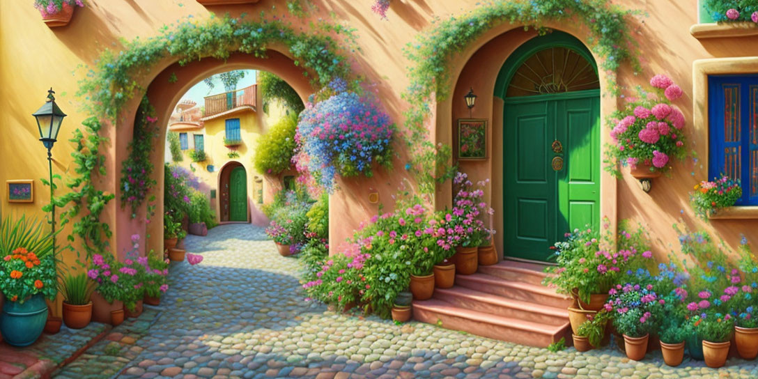 Colorful Alley with Cobblestone Paths and Lush Plants