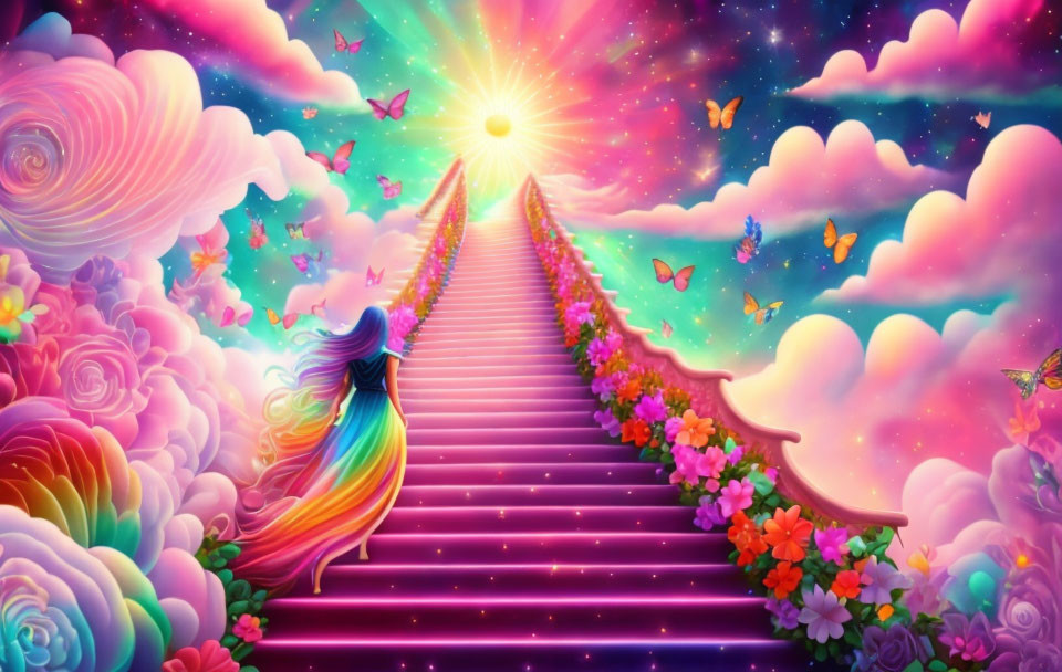 Colorful fantasy landscape with person on staircase, surrounded by flowers and butterflies