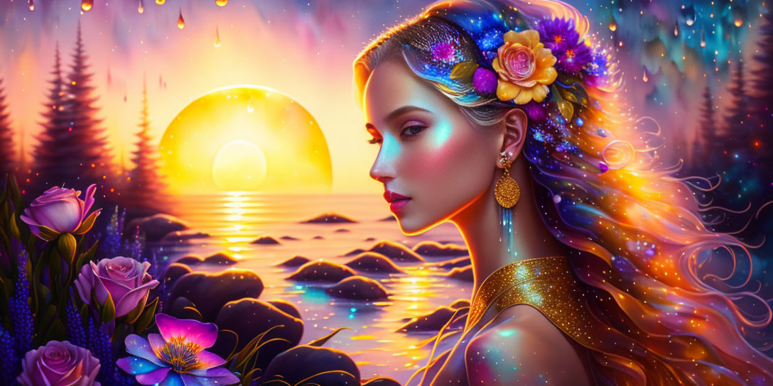 Woman with flowers in hair at sunset by the ocean under starry sky