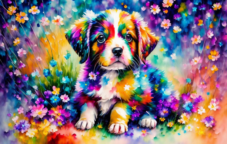 Vibrant puppy painting with colorful flowers in dreamlike setting