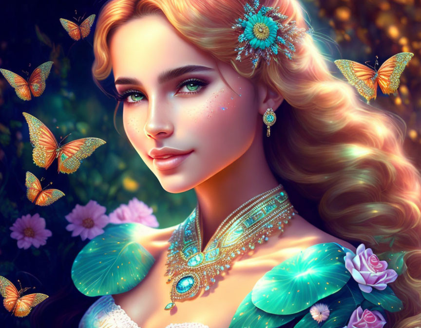 Digital artwork: Woman with aqua jewelry, butterflies, floral background