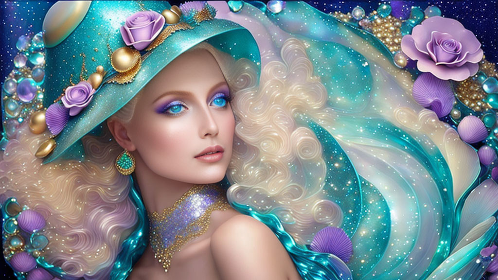 Digital artwork: Woman with curly blond hair, turquoise hat, and stars.