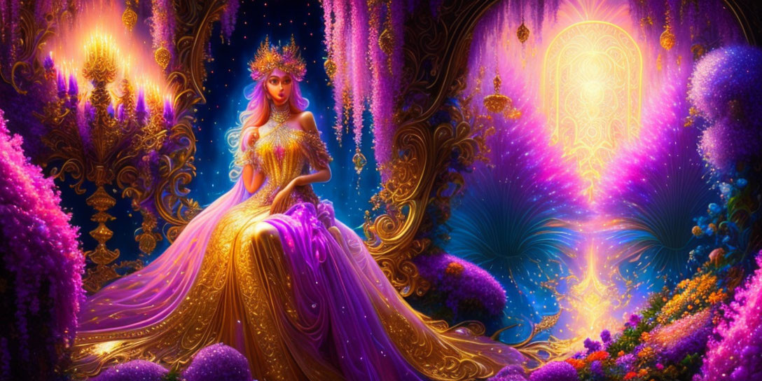 Regal figure in golden gown in fantastical garden