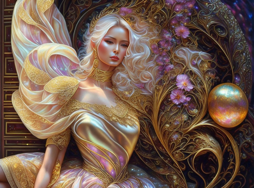 Fantastical woman with golden garments and glowing orb in digital artwork