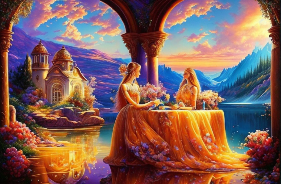 Two women in flowing dresses at table with flowers, vibrant sunset, ornate building, serene lake