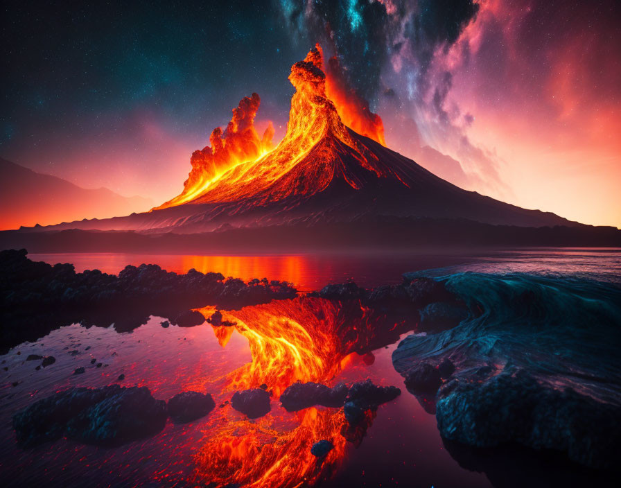 Twilight volcano eruption with lava glow reflecting in water