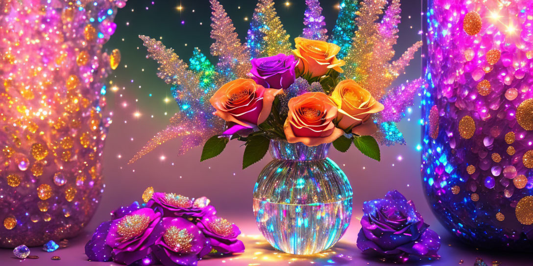 Orange and Purple Roses Bouquet with Glittering Trees in Glass Vase