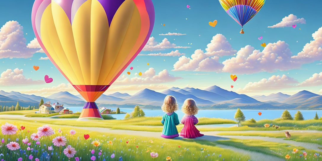 Children on hill with hot air balloons and serene landscape