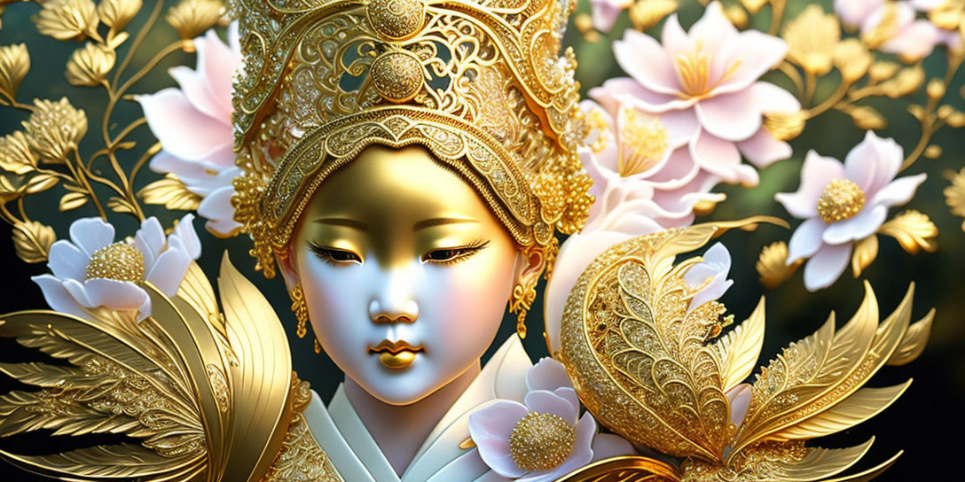 Golden headdress goddess surrounded by lotus flowers and feathers