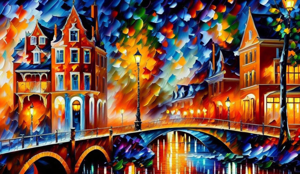 Colorful European Cityscape Painting with Illuminated Buildings and Bridge at Night