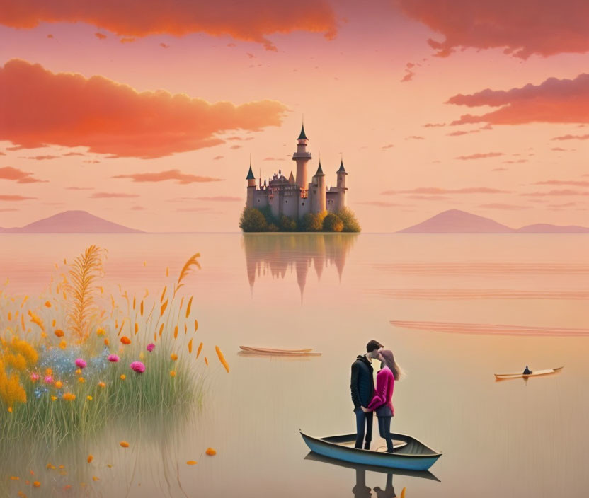 Couple in boat admiring fairytale castle on island amidst serene lake at sunset