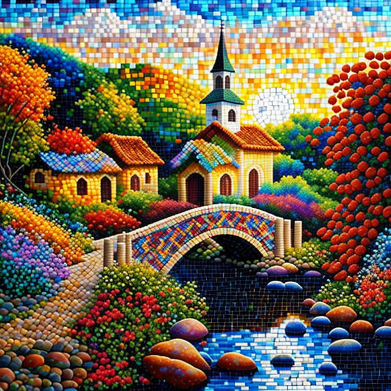 Colorful Mosaic Artwork: Stone Bridge, Trees, Church, Bright Sky