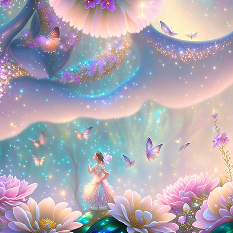 Young girl surrounded by oversized flowers and butterflies under a starry night sky.