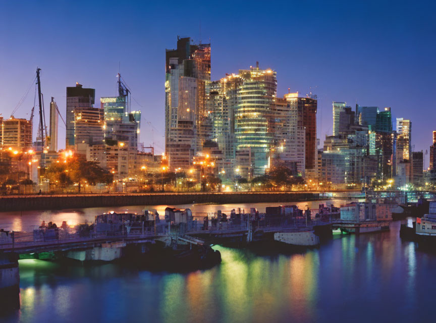 Cityscape with illuminated buildings reflected in water at twilight