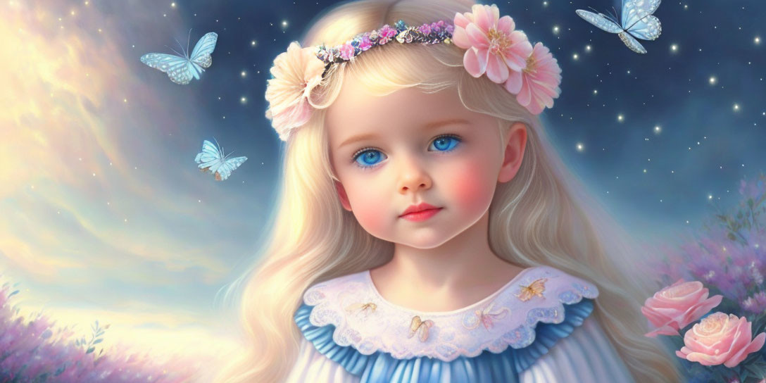 Young girl with blonde hair and blue eyes in celestial meadow with butterflies