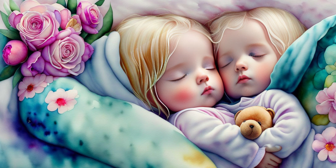 Illustrated infants sleeping with teddy bear and flowers.