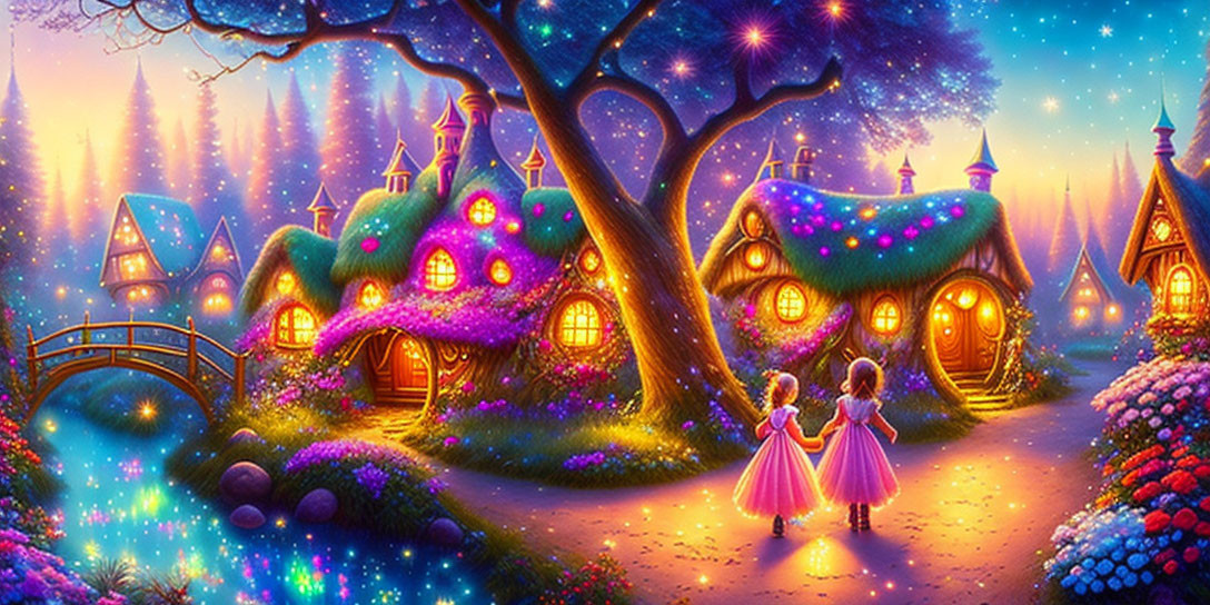 Enchanted village with glowing cottages, gardens, starry sky, and two girls walking.