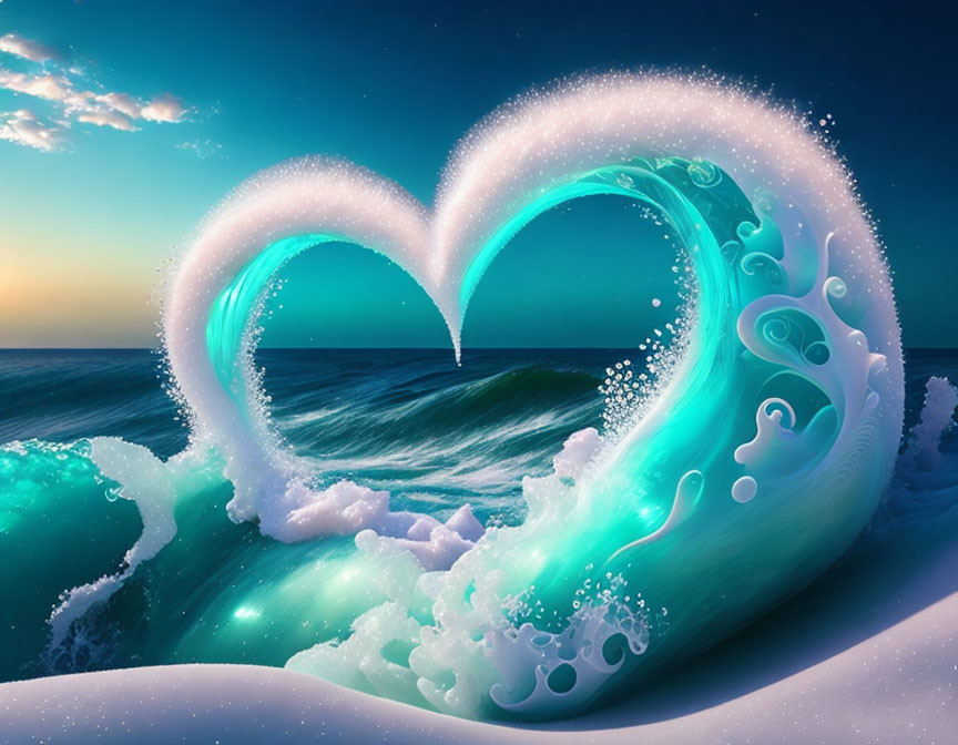 Heart-shaped wave in romantic oceanic scene at dusk