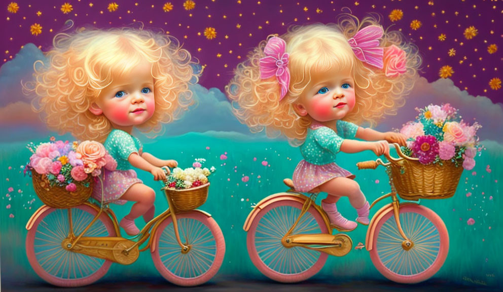 Blonde toddlers on whimsical bicycles under starry sky