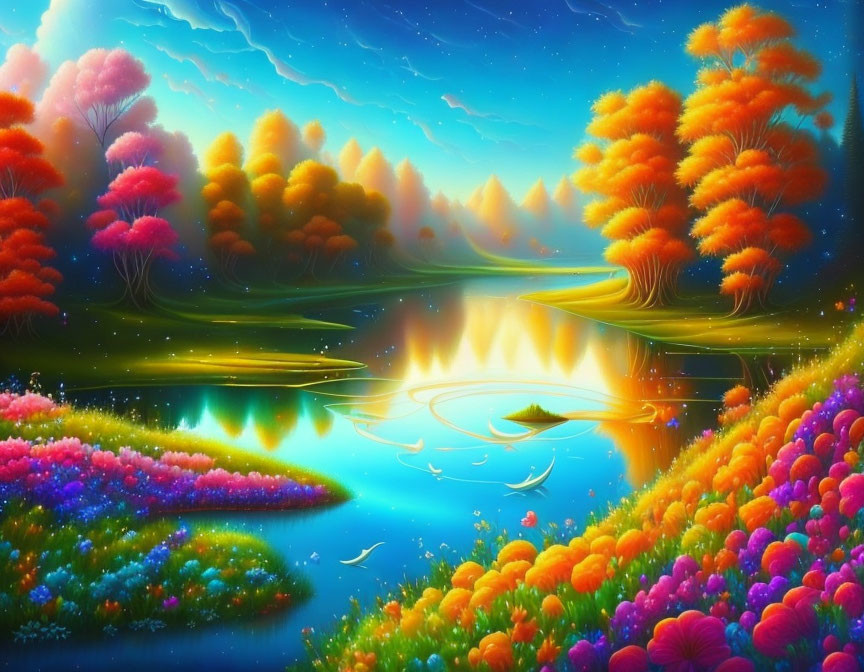 Colorful Landscape with River, Flowers, and Starry Sky