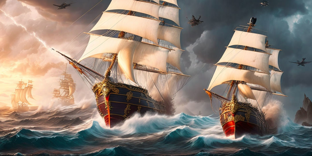 Stormy sea with sailing ships and airplanes in dramatic scene