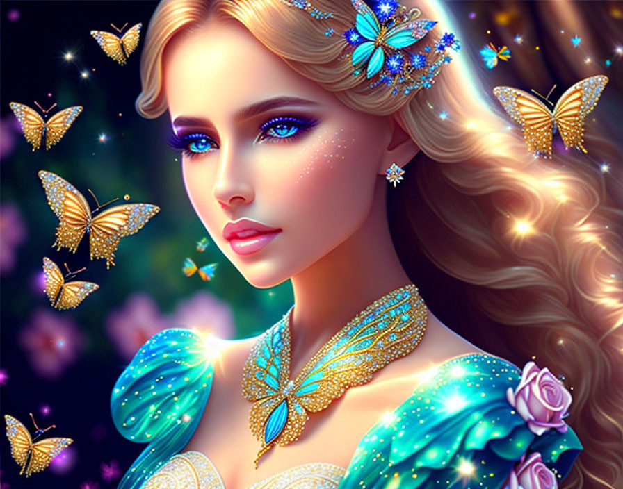 Blonde Woman Surrounded by Butterflies and Sparkles