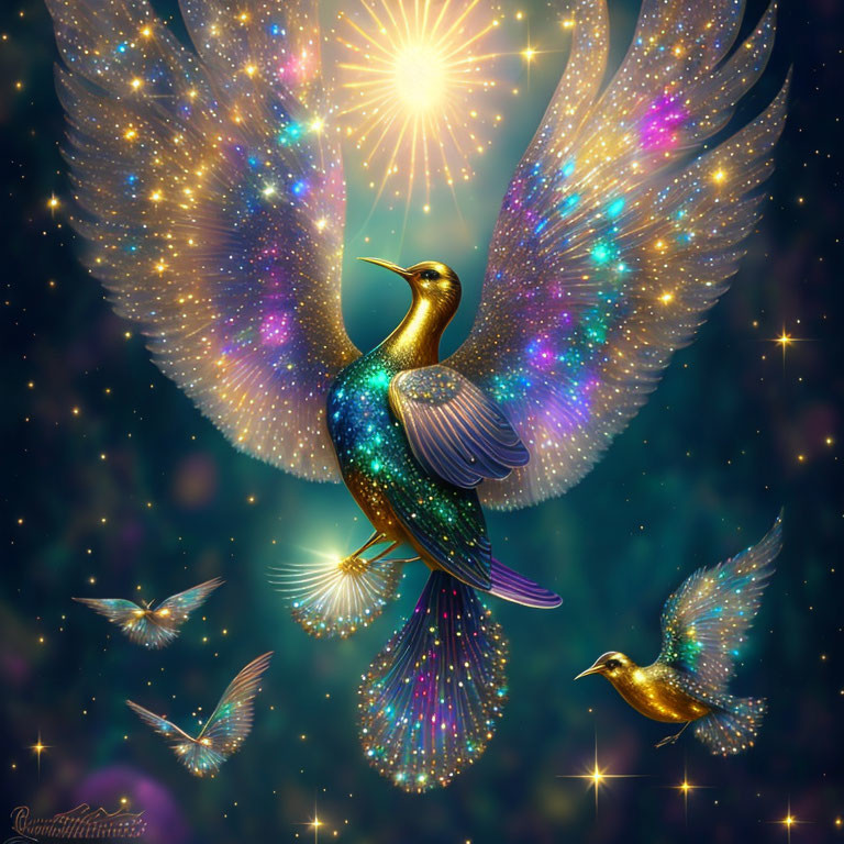 Shimmering bird with radiant wings in cosmic backdrop with smaller birds