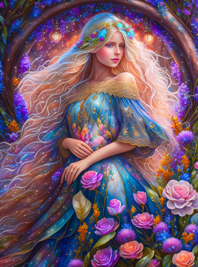 Fantasy artwork: Woman with flowing hair, vibrant flowers, glowing orbs, and archway