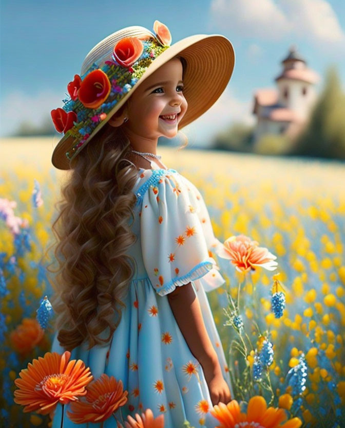 Young girl in floral hat and blue dress in vibrant field with yellow flowers and white house in distance