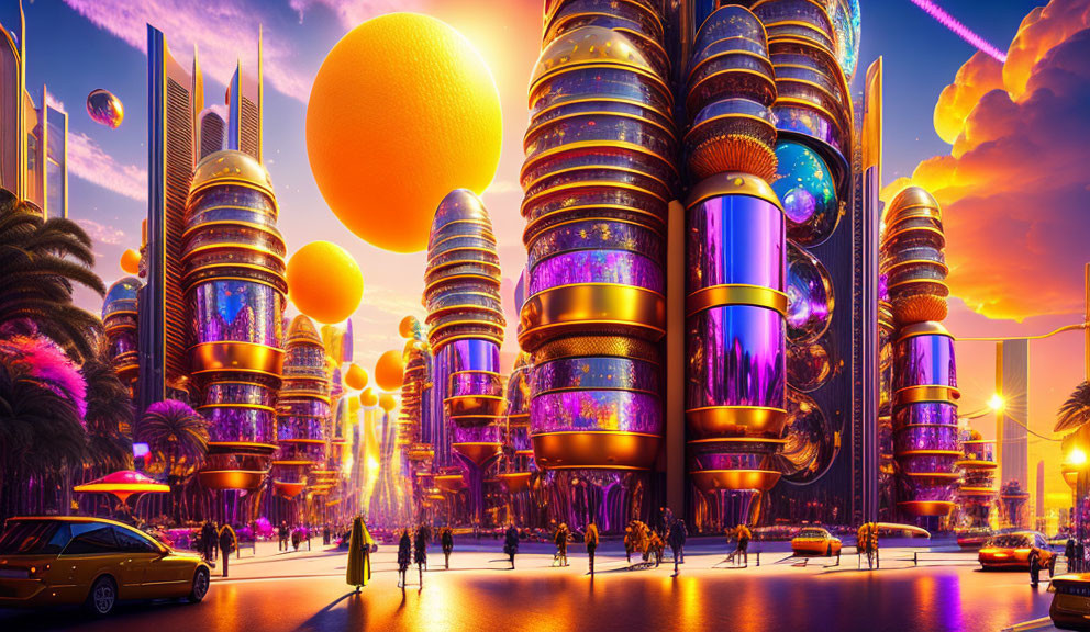 Futuristic cityscape at sunset: skyscrapers, neon lights, hovering spheres, palm-lined